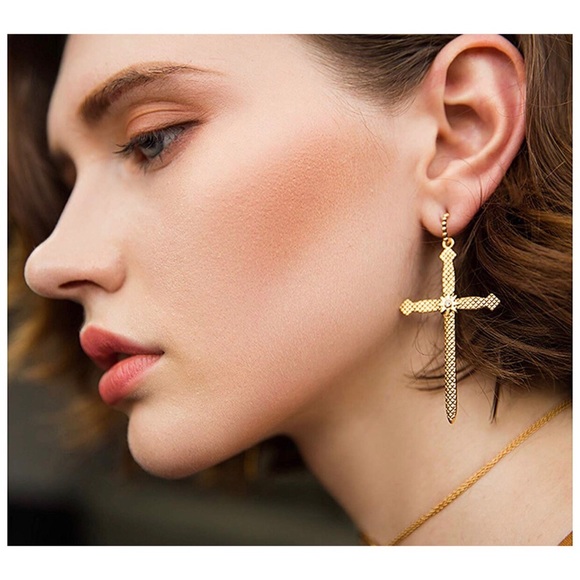 Gold Cross Earrings 14K Gold Plated Texture - Picture 2 of 3